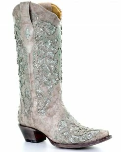 Corral Women's Glitter Inlay And Crystals Western Boots White