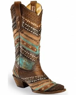 Corral Brown & Turquoise Embroidery And Studs Cowgirl Boots - Snip Toe For Women's -Corral Boots Shop 2000213319 200 P1 1
