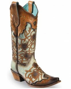 Corral Women's Floral Overlay And Studs Snip Toe Western Boots Brown -Corral Boots Shop 2000214119 200 P1 1