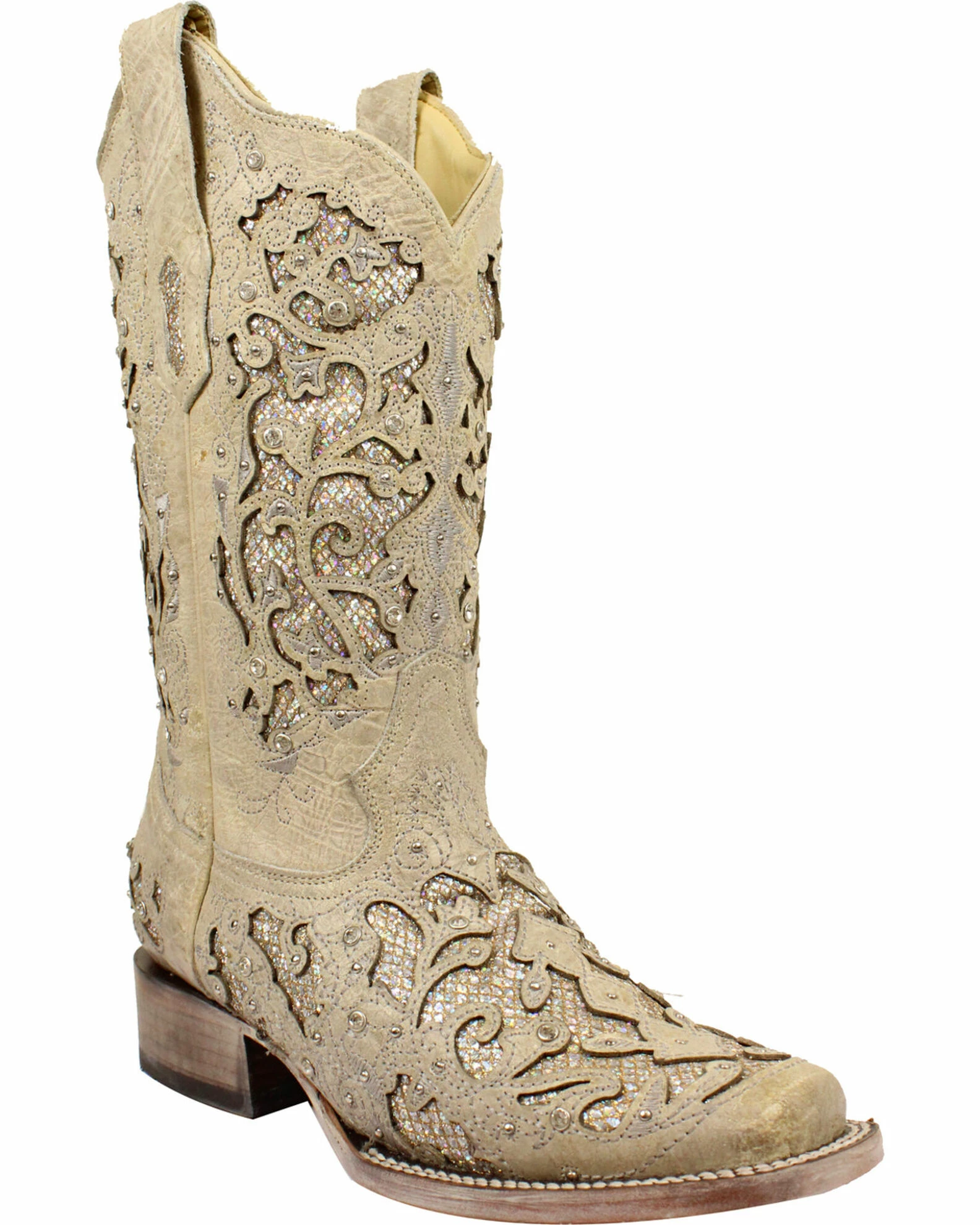 Corral Women's White Glitter & Crystals Cowgirl Boots - Square Toe 3 Corral Women's White Glitter & Crystals Cowgirl Boots - Square Toe