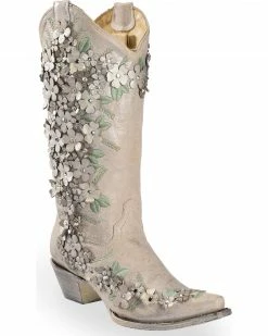 Corral Women's White Floral Overlay Embroidered Stud And Crystals Cowgirl Boots - Snip Toe