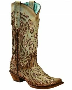 Corral Women's Mint Glitter Inlay Western Boots - Snip Toe  Green