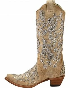 Corral Women's Bone Glitter Overlay Embroidery & Crystals Cowgirl Boots - Snip Toe Natural -Corral Boots Shop 2000239667 101 LT