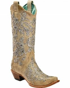 Corral Women's Bone Glitter Overlay Embroidery & Crystals Cowgirl Boots - Snip Toe Natural