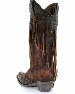 Corral Women's Leopard Stud & Fringe Cowgirl Boots - Snip Toe Honey -Corral Boots Shop 2000241028 271 D3