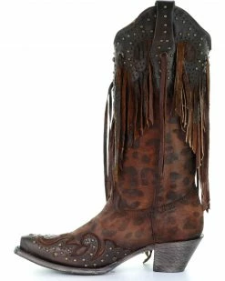Corral Women's Leopard Stud & Fringe Cowgirl Boots - Snip Toe Honey -Corral Boots Shop 2000241028 271 LT