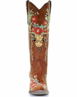 Corral Women's Deer Skull & Floral Embroidery Cowgirl Boots - Snip Toe Tan -Corral Boots Shop 2000241029 280 FT