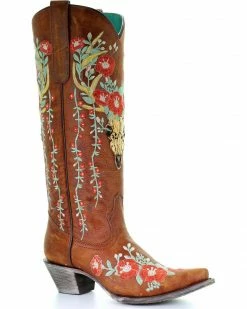 Corral Women's Deer Skull & Floral Embroidery Cowgirl Boots - Snip Toe Tan -Corral Boots Shop 2000241029 280 P1 1