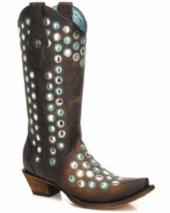 Corral Women's Brown Studded Embroidered Cowgirl Boots - Snip Toe