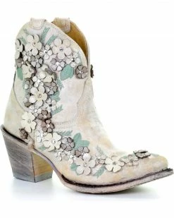Corral Women's White Floral Overlay Booties - Round Toe