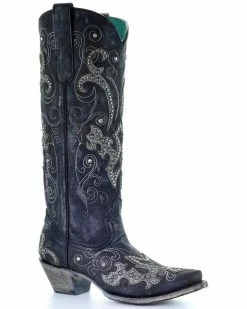 Corral Women's Tall Studded Overlay & Crystals Cowgirl Boots - Snip Toe