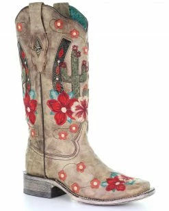 Corral Women's Cactus Floral Embroidery Overlay Western Boots - Narrow Square Toe Taupe