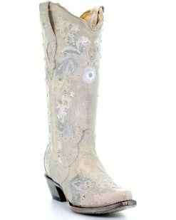 Corral Women's White Floral Embroidered Western Boots - Snip Toe