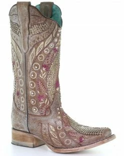 Corral Women's Taupe Flowered Embroidery Western Boots - Square Toe