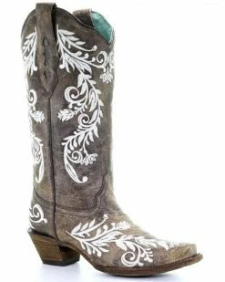 Corral Women's Glow White Embroidered Western Boots - Snip Toe Brown