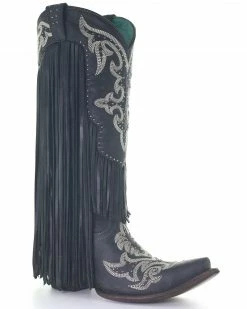 Corral Women's Embroidery & Studs Fringe Top Western Boots - Snip Toe Black