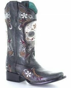 Corral Women's Black Skull Overlay Western Boots - Square Toe