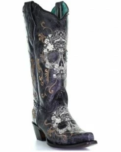 Corral Women's Floral Skull Embroidery & Studs Cowgirl Boots - Snip Toe Black -Corral Boots Shop 2000340854 001 P1 1