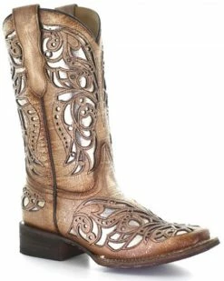 Corral Girls' Beige Shiny Inlay Western Boots - Wide Square Toe Tan