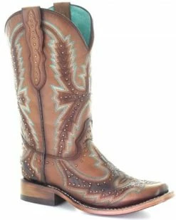Corral Women's Tan Embroidery & Studs Western Boots - Square Toe