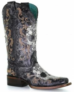 Corral Women's Floral Skull Embroidery & Studs Western Boots - Square Toe Black/white -Corral Boots Shop 2000348441 944 P1 1