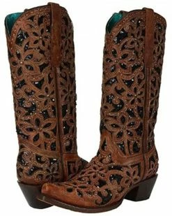 Corral Women's Black Inlay Western Boots - Snip Toe Black/tan