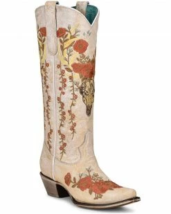 Corral Women's White Floral & Deer Embroidery Western Boots - Snip Toe