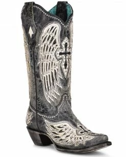Corral Women's Black Cross & Wings Overlay Western Boots - Snip Toe