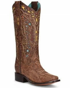 Corral Women's Studded Inlay & Embroidery Western Boots - Square Toe Brown