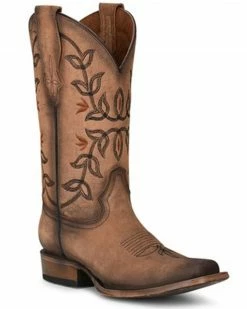 Corral Women's Flowered Embroidery Western Boots - Square Toe Brown