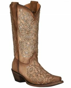 Corral Girls' Tan Glitter Embroidery Leather Western Boot - Snip Toe