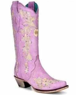 Corral Women's Embroidered Floral & Crystal Studded Tall Western Boots - Snip Toe Light Purple