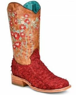 Corral Women's Rodeo Collection Embroidered Floral Pirarucu Western Boots - Broad Square Toe Turquoise