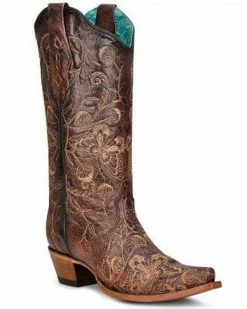 Corral Women's Floral & Butterfly Embroidered Burnished Tall Western Boots - Snip Toe