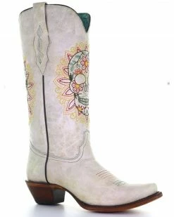 Corral Women's Embroidered Floral Skull Tall Western Boots - Snip Toe White