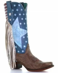 Corral Women's Boot Barn Exclusive Stars & Stripes Fringe Tall Western Boots - Snip Toe Brown/blue