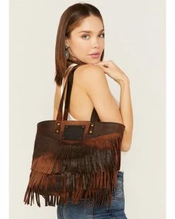 Corral Women's Fringe Distressed Leather Tote Bag Chocolate