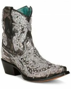 Corral Women's Embroidered Crystal Western Ankle Boots - Snip Toe Black/white