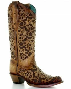 Corral Women's Floral Inlay Western Boots - Snip Toe  Honey