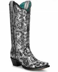Corral Women's Floral Laser Print Western Boots - Snip Toe Silver