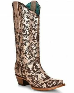 Corral Women's Laser Floral Western Boots- Snip Toe Gold